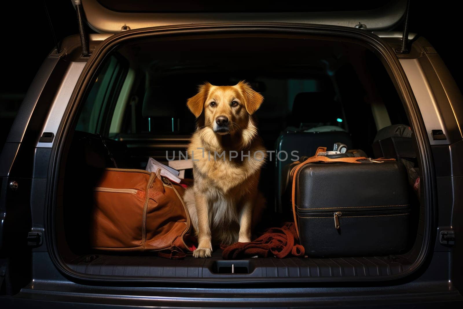Cute dog sitting in the trunk of a car, AI Generated by Desperada