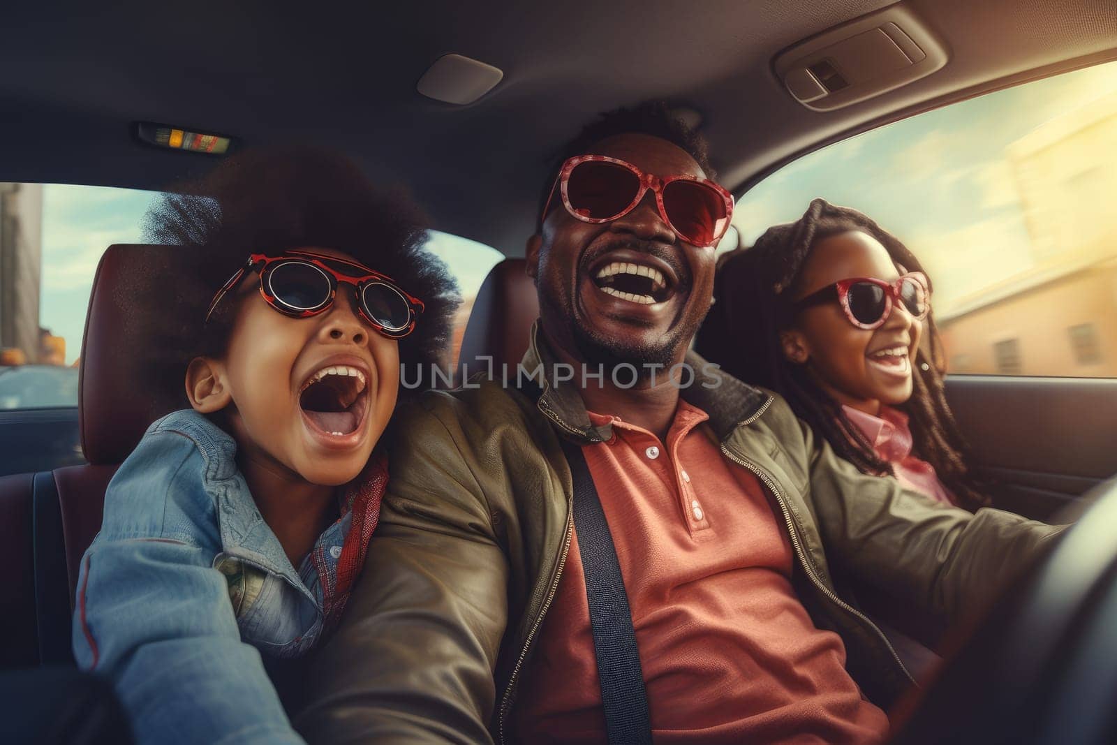 Road trip and vacation. Happy african american family of father and children in car driving on road, having road trip. AI Generative