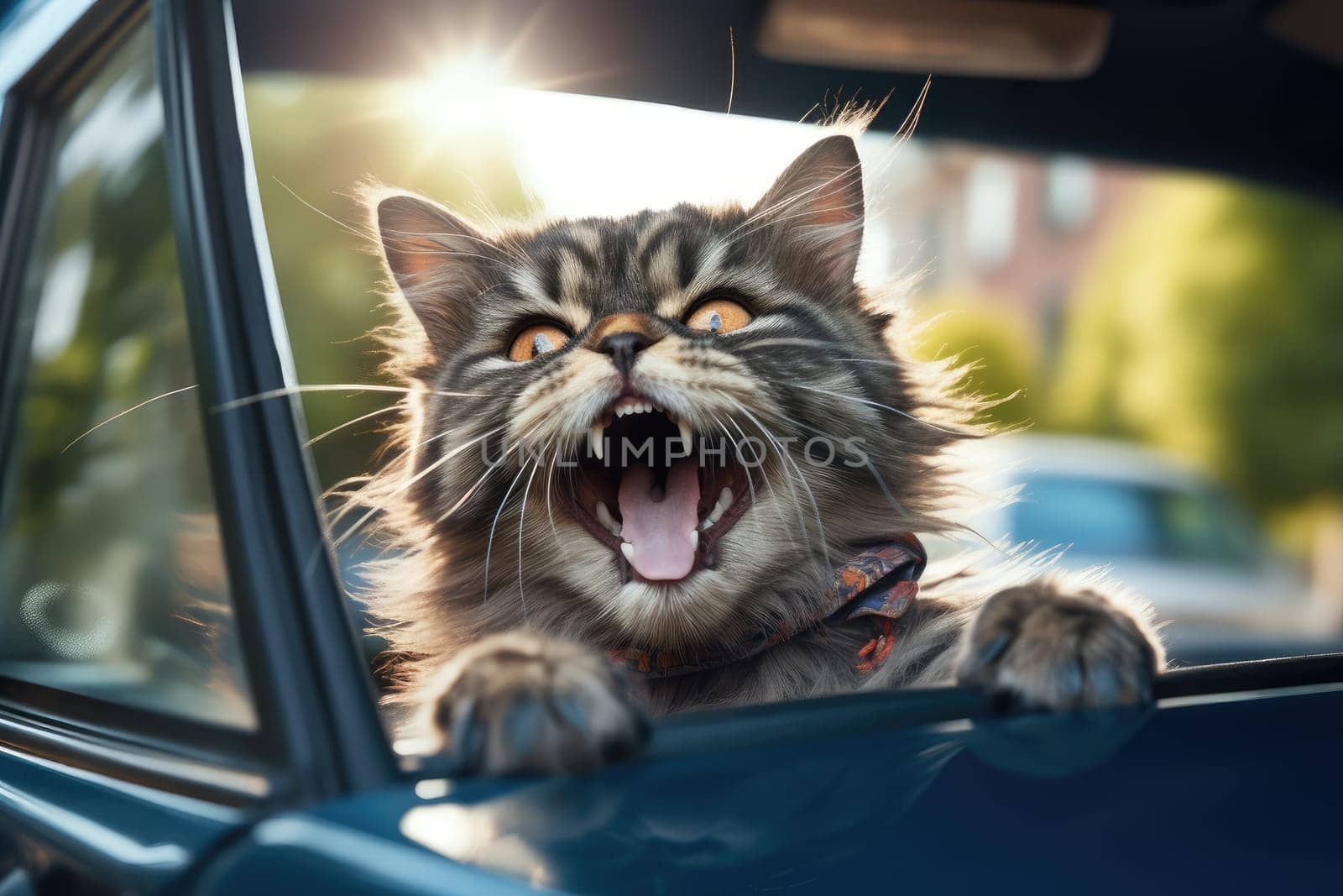 Cute dog looking out of car window , AI Generated by Desperada