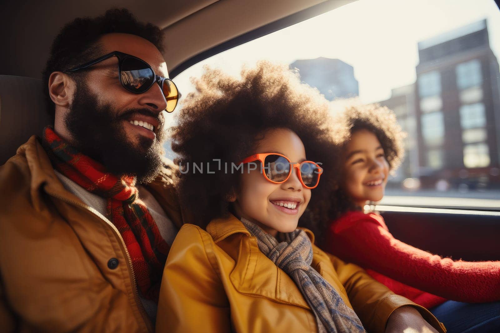 Happy family of father and children enjoying road trip together, AI Generative by Desperada