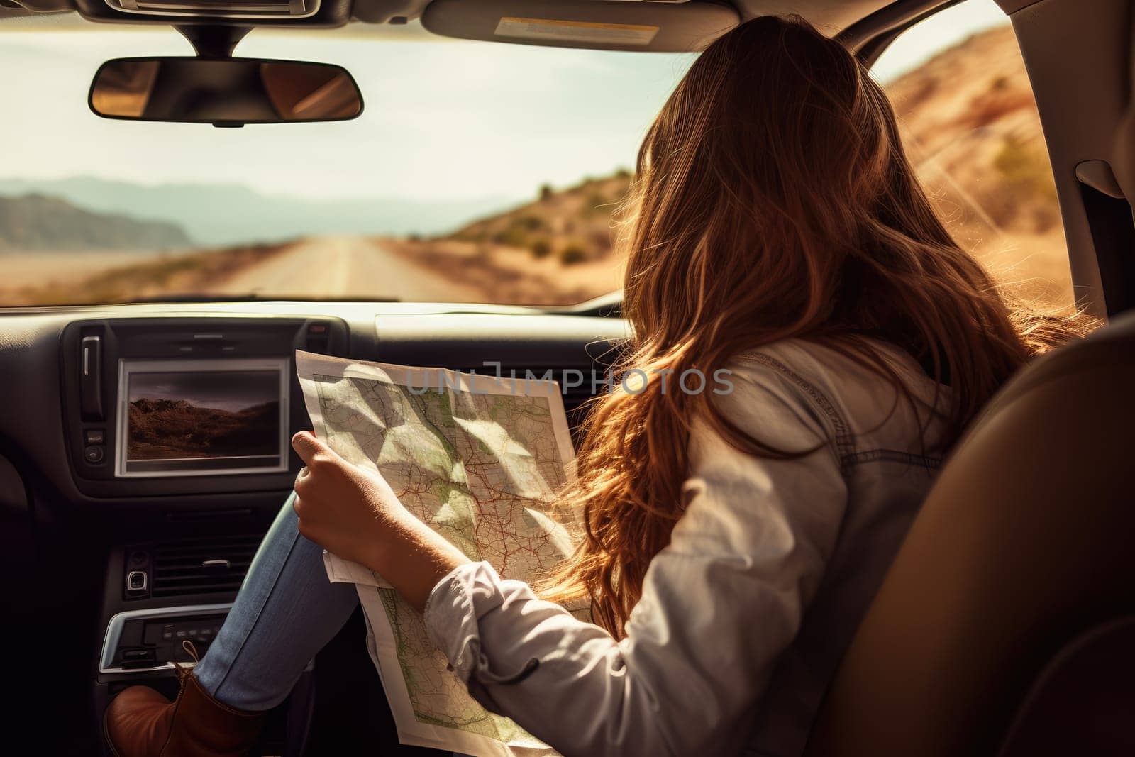 Woman traveling alone sitting in car with map, AI Generated by Desperada