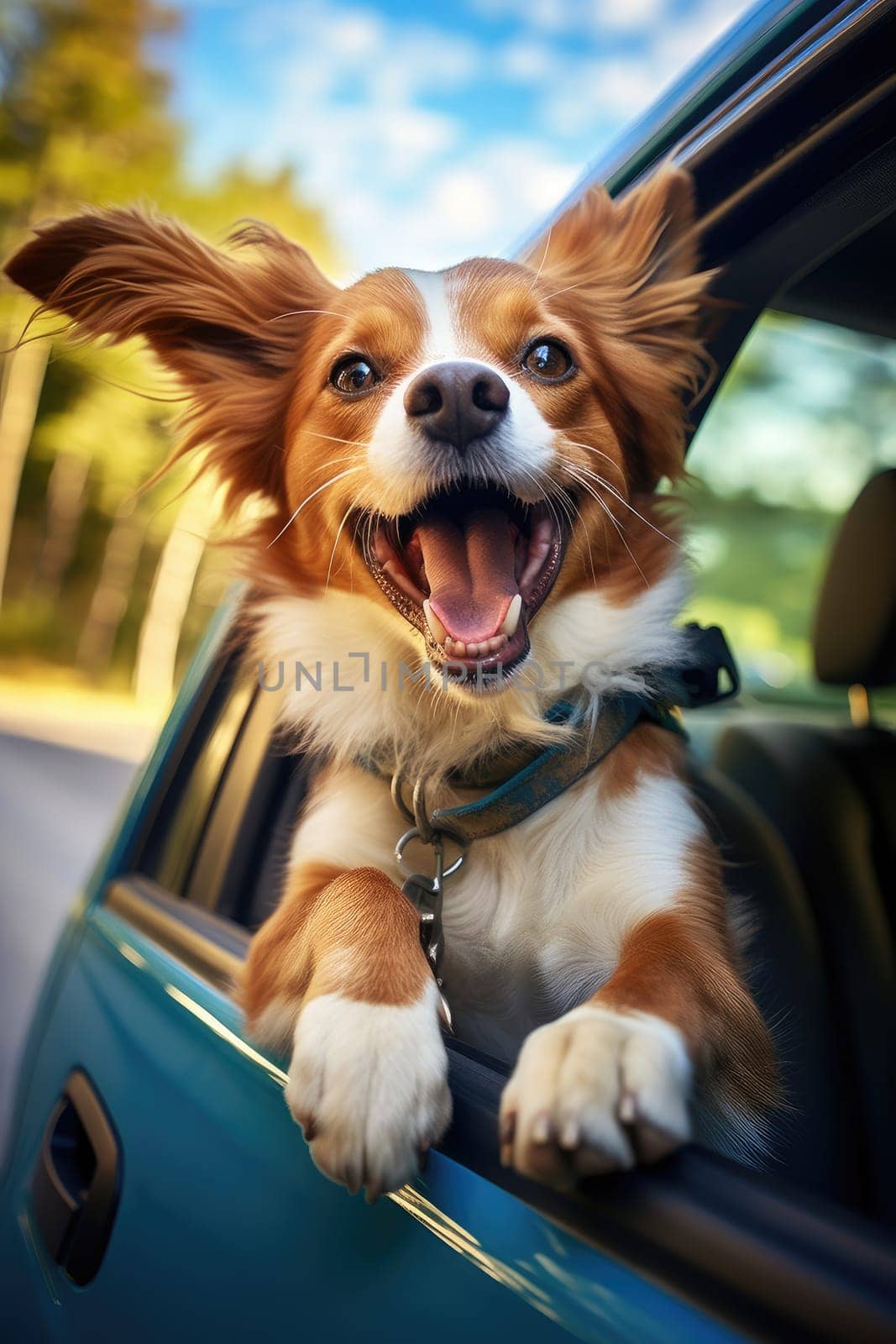 Road trip and vacation. Cute dog looking out of car window , AI Generated