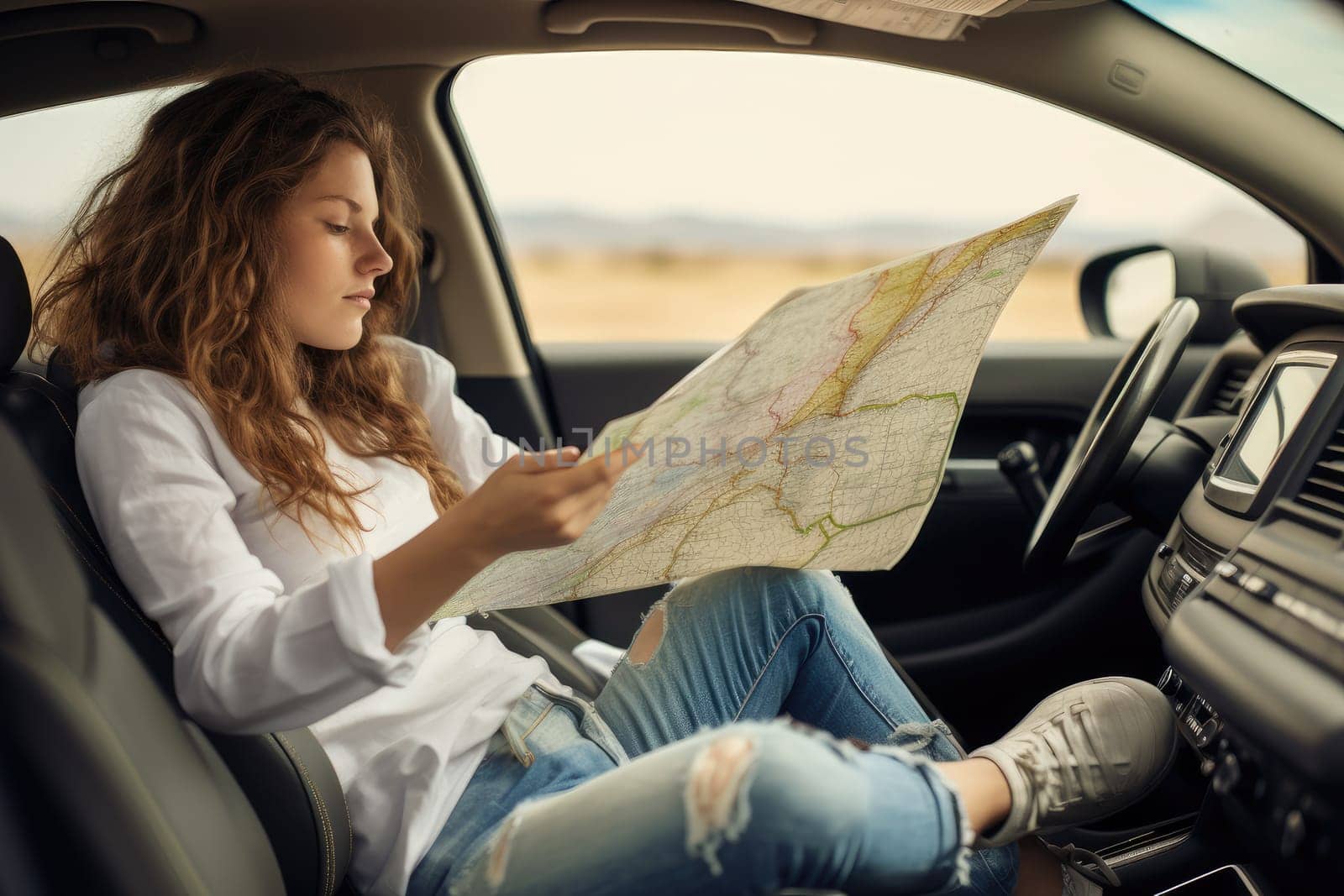 Travel, vacation and road trip. Woman traveling alone sitting in car with map, AI Generated .