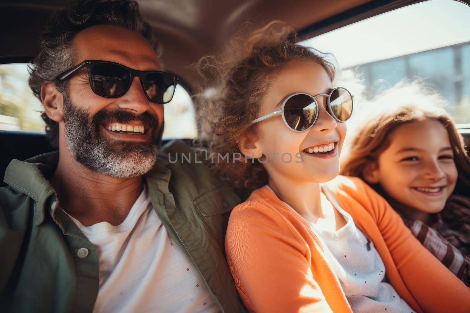 Happy family of father and children enjoying road trip together, AI Generative by Desperada