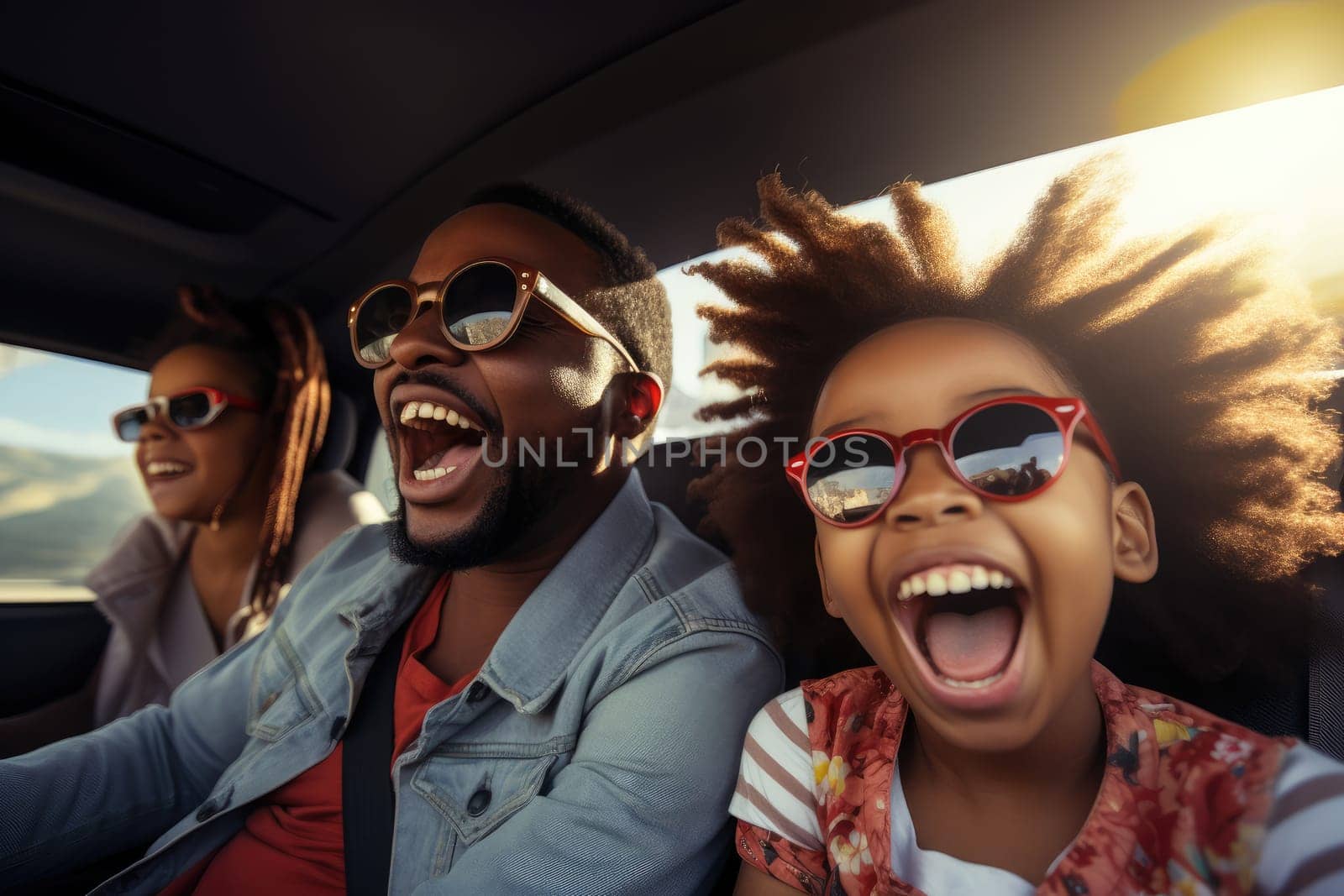 Happy african american family of father and children enjoying road trip together, AI Generative by Desperada