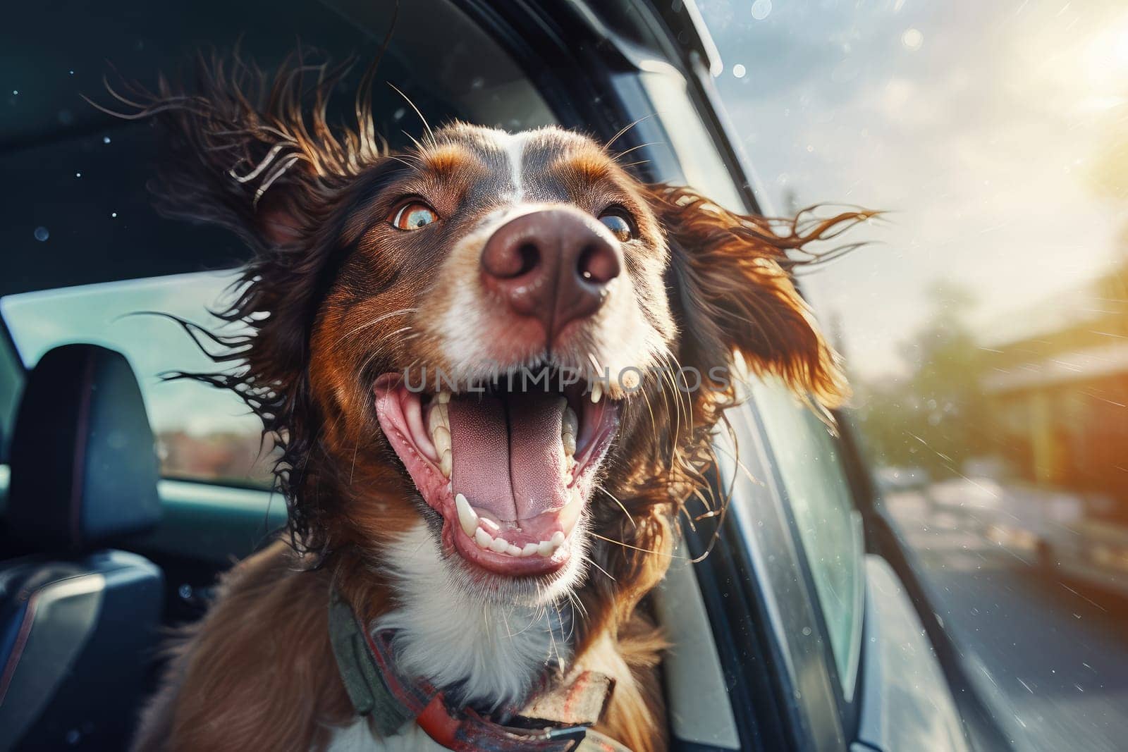 Cute dog looking out of car window , AI Generated by Desperada
