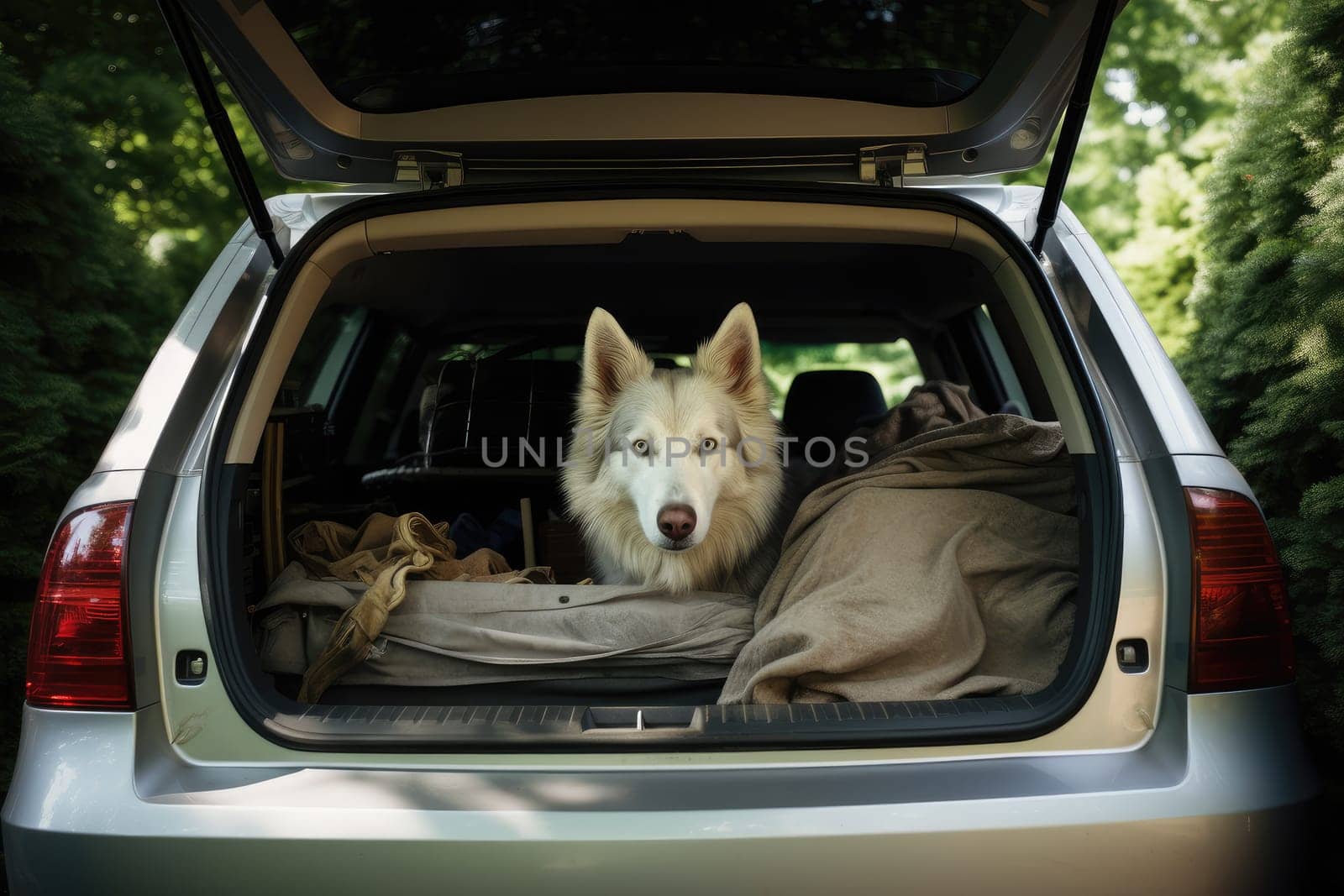 Cute dog sitting in the trunk of a car, AI Generated by Desperada