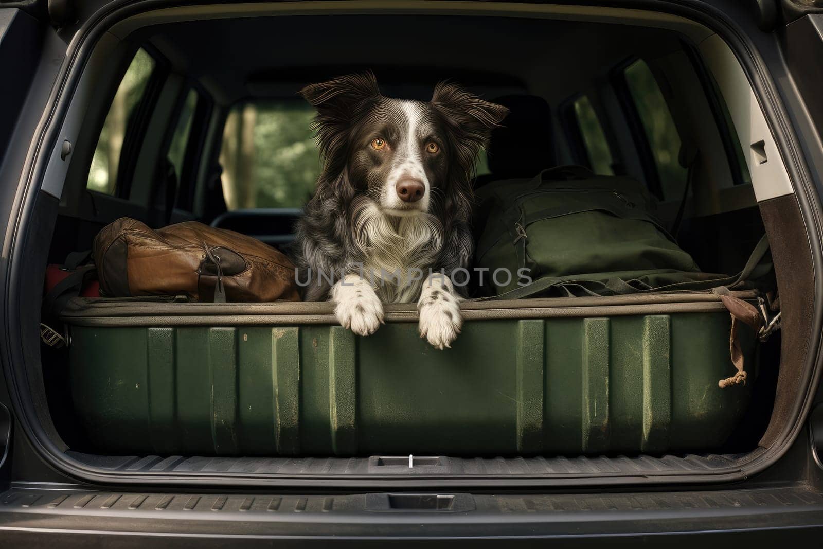 Cute dog sitting in the trunk of a car, AI Generated by Desperada