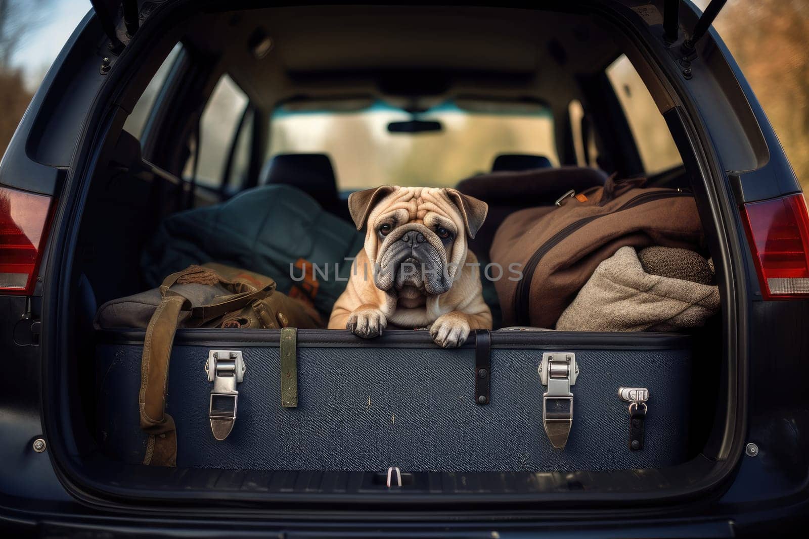 Cute dog sitting in the trunk of a car, AI Generated by Desperada