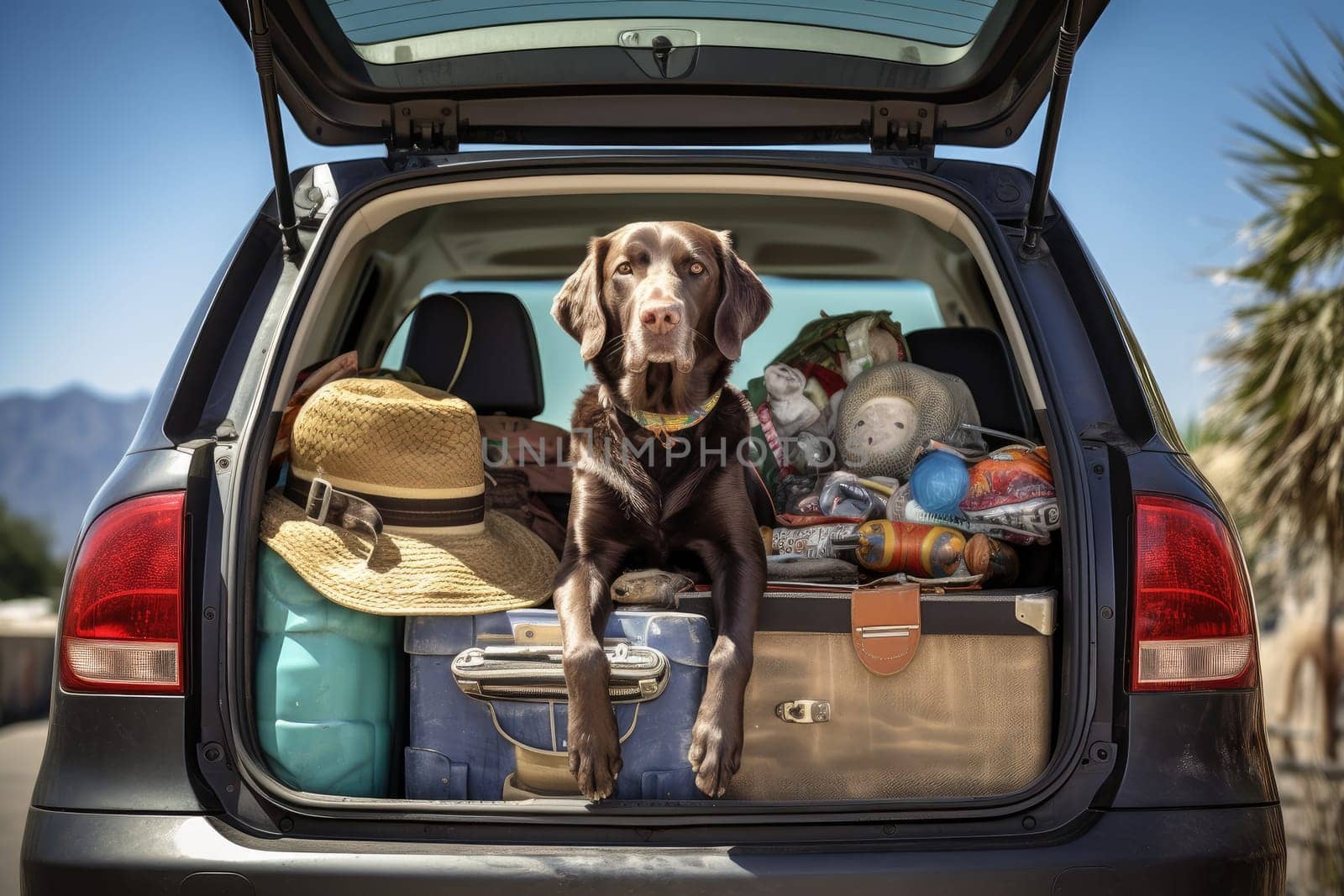 Road trip and vacation. Cute dog sitting in trunk of a car with luggage, AI Generated