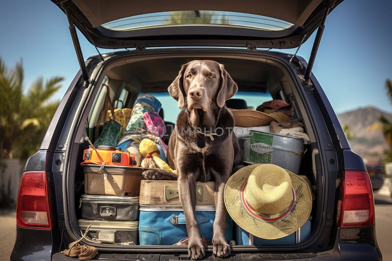 Road trip and vacation. Cute dog sitting in trunk of a car with luggage, AI Generated