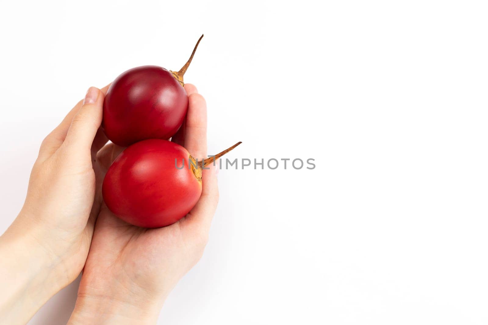 Human Hands Hold Fresh Tamarillo, Tropical Exotic Fruit On White Background. Egg-shaped Edible Fruit Or Tree Tomato, Plant Family Solanaceae. Copy Space For Text. Top View. Horizontal Plane.