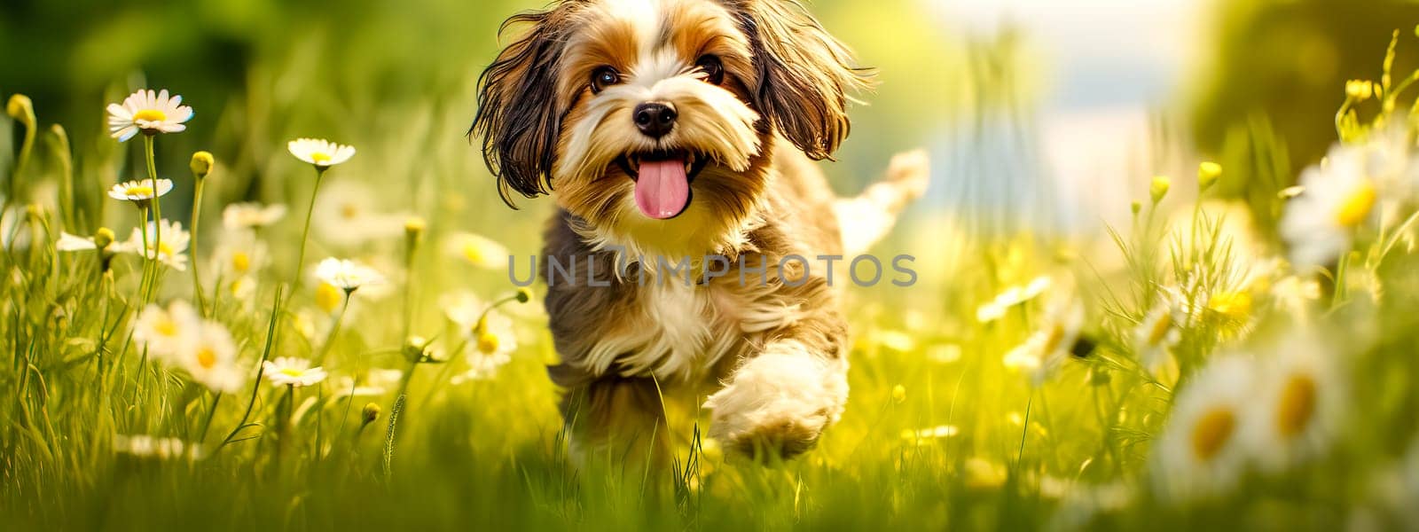 cartoon happy dog running across a green flowery meadow, banner made with Generative AI. High quality illustration