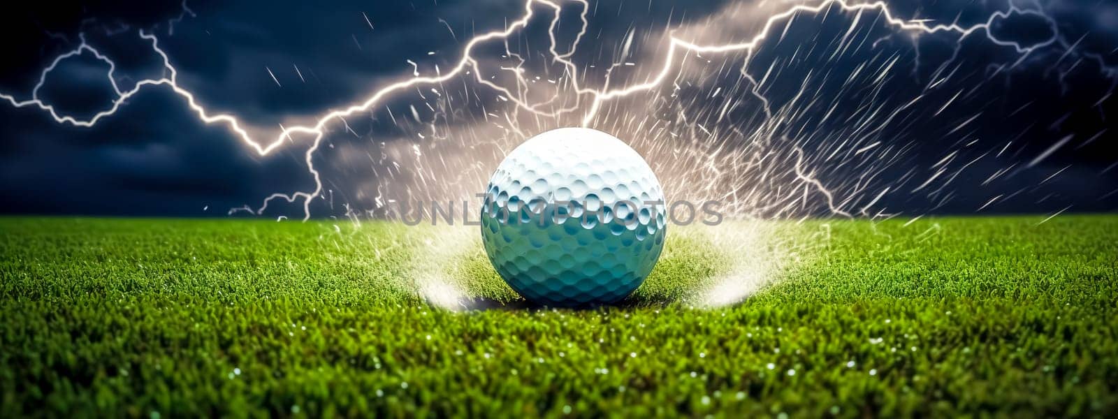 golf ball on green lawn, motion energy and lightning, banner made with Generative AI. High quality illustration