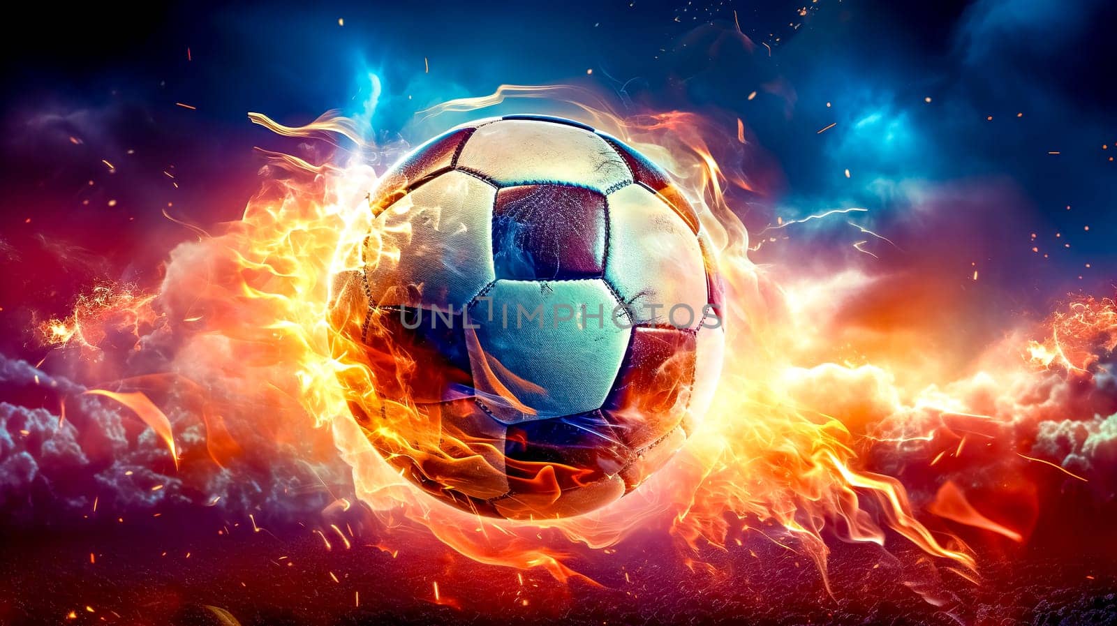 football ball in a colorful explosion of fire energy and movement, sports performance, made with Generative AI by Edophoto