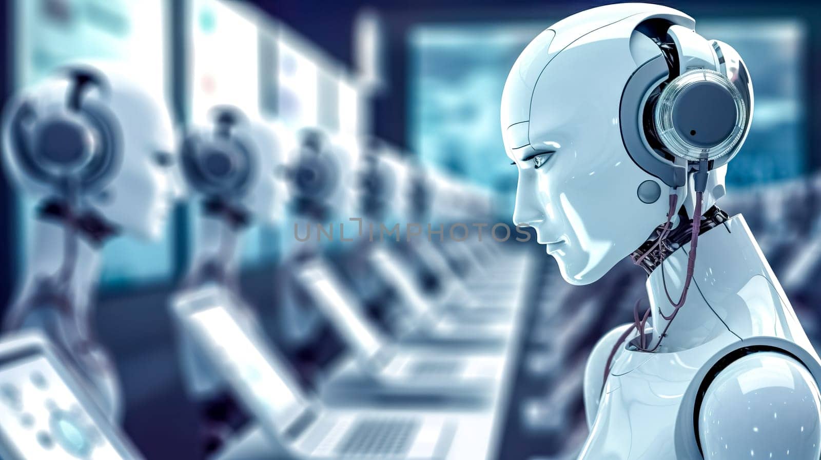 a robot with a headset in the call center provides client service. robotization and automation of communication, made with Generative AI. High quality illustration