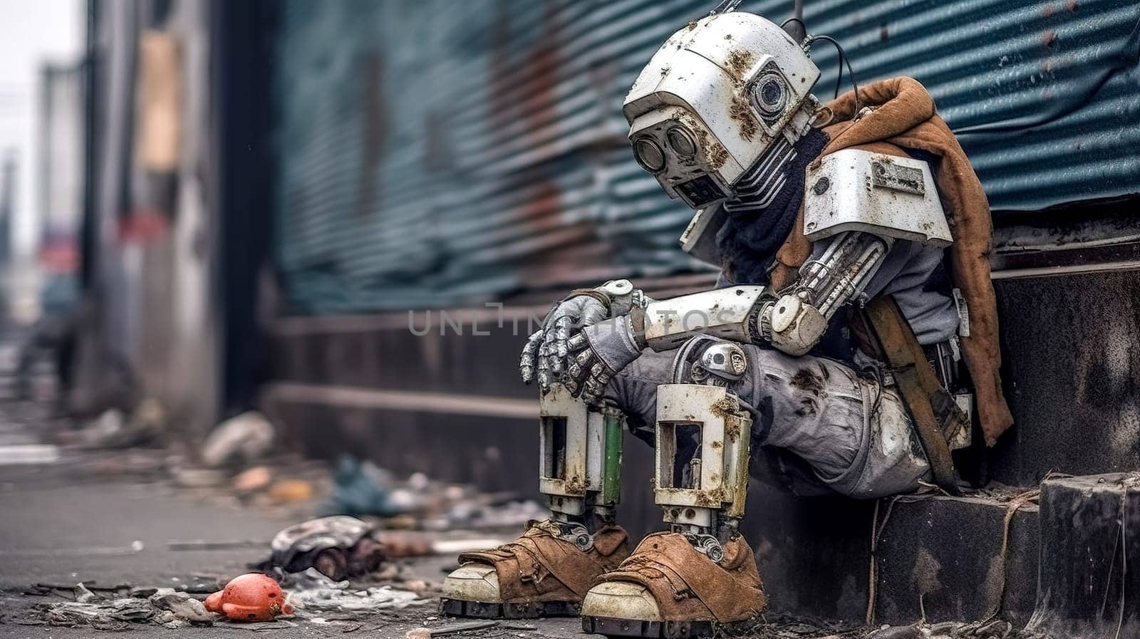 old abandoned homeless robot in the city streets, made with Generative AI by Edophoto
