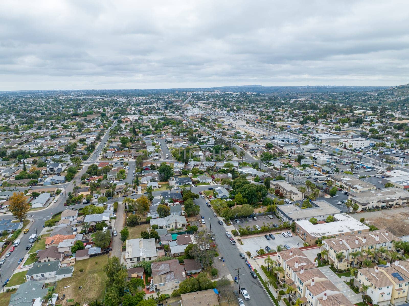 Aerial view of house with gray sky in La Mesa City in San Diego, California, USA