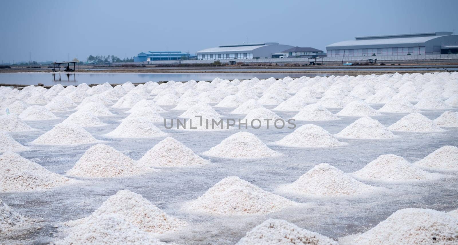 Landscape sea salt farm in Thailand. Brine salt. Raw material of salt industrial. Sodium Chloride. Evaporation and crystallization of sea water. Salt harvesting. Agriculture industry. Traditional farm by Fahroni