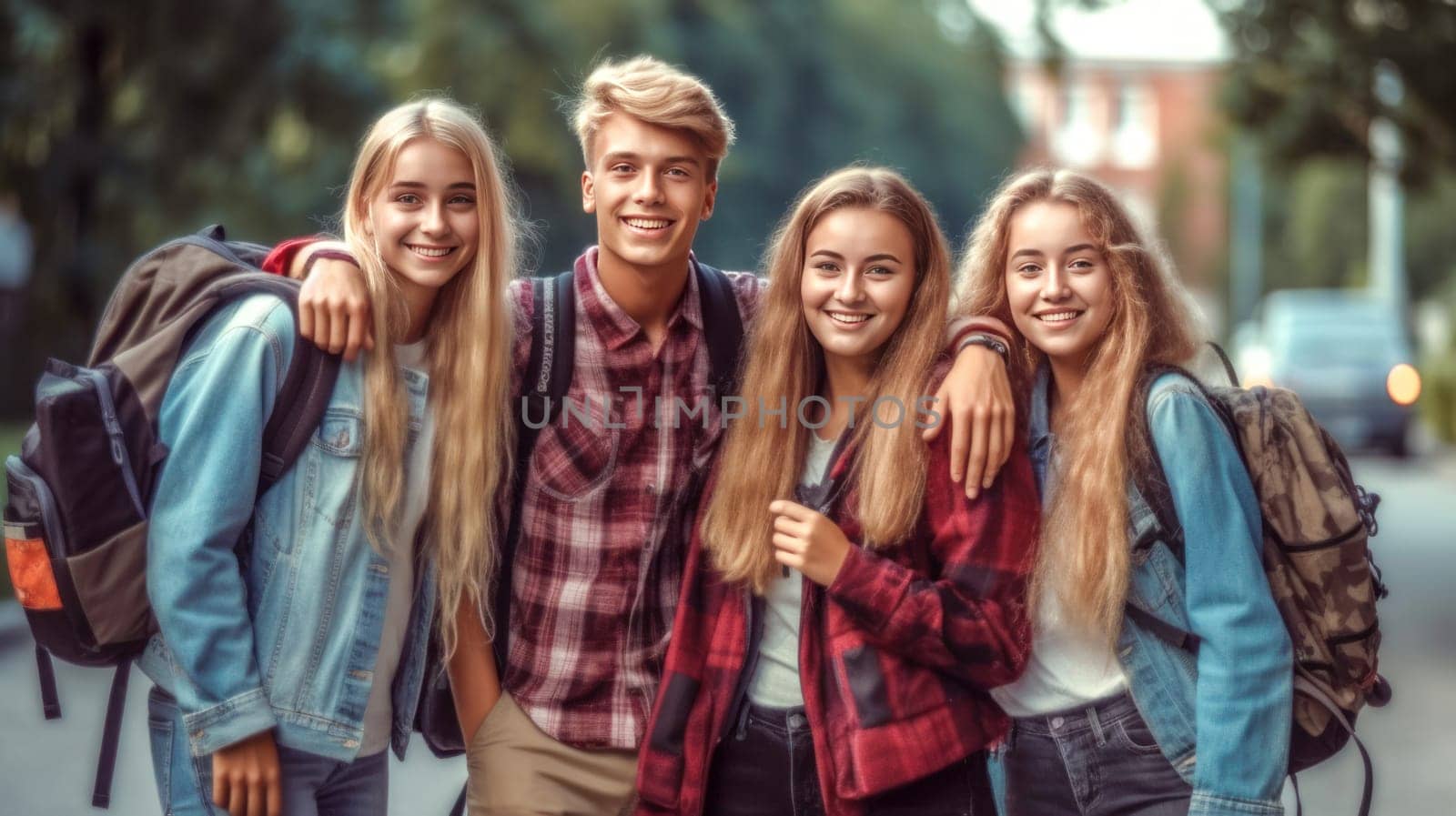 Happy caucasian teenager students looking at camera with blurred school building on background. Back to school. Generative Ai