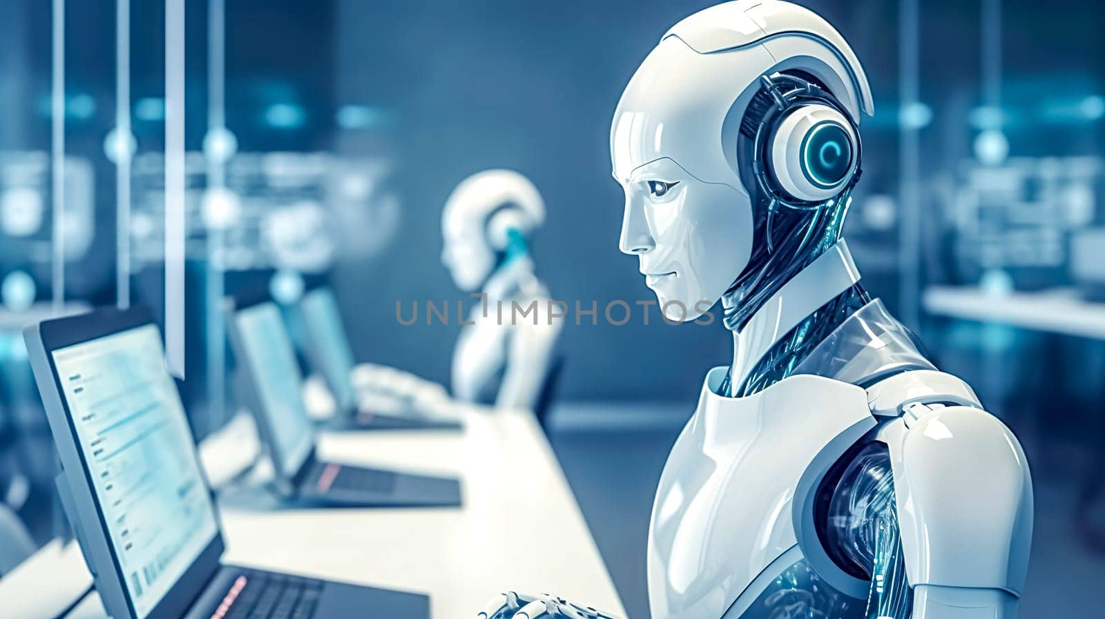 a robot with a headset in the call center provides client service. robotization and automation of communication, made with Generative AI. High quality illustration