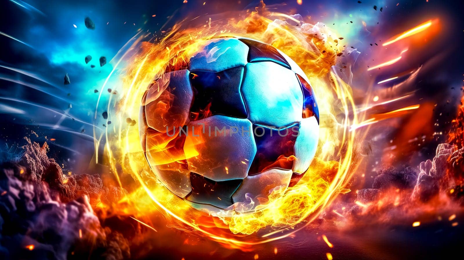 soccer ball in a colorful explosion of fire energy and movement, sports performance, made with Generative AI. High quality illustration