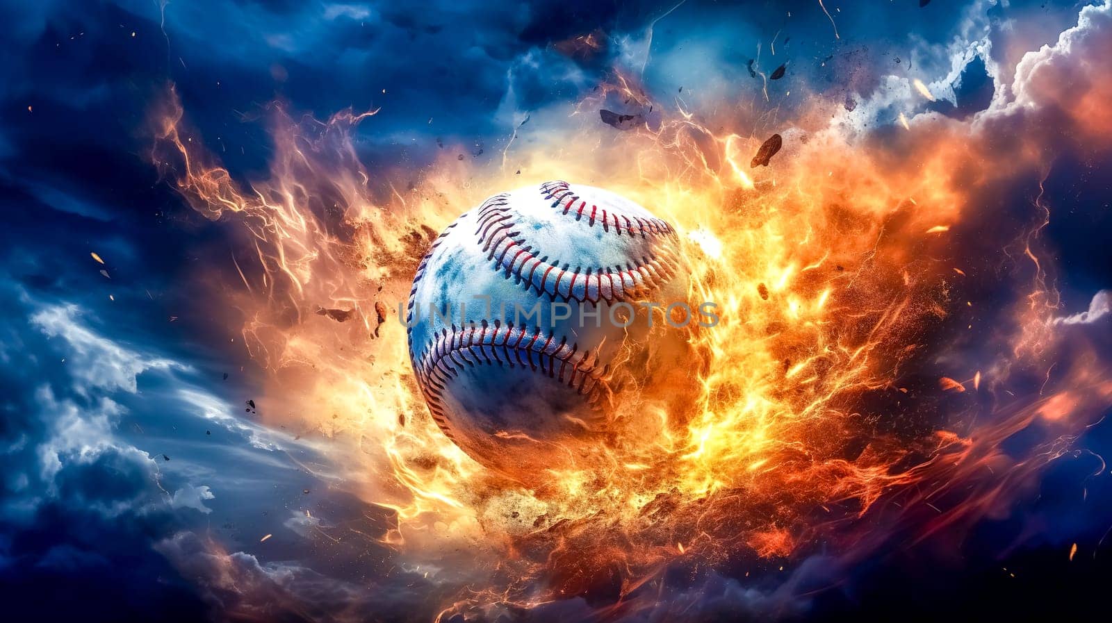 baseball in a colorful explosion of fire energy and movement, sports performance, made with Generative AI. High quality illustration