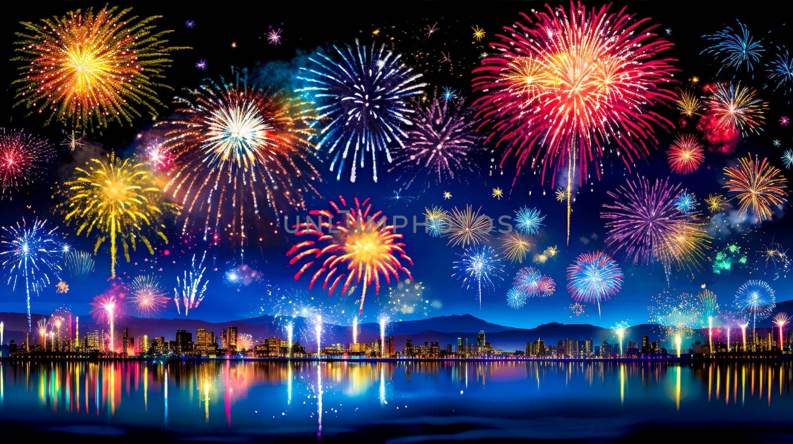 bright colorful fireworks over the city, made with Generative AI. High quality illustration