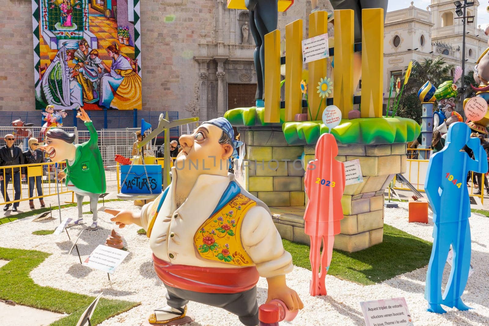 Burriana, Spain 18-03-2023: View of the sculpted monument for its exhibition and its burning in the Burriana fallas festivities.