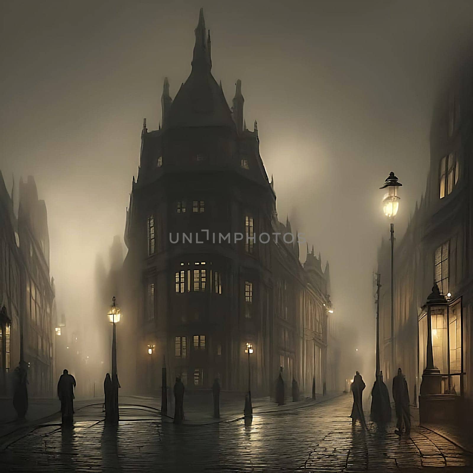 AI generated image of Victorian city on a moody evening with fog gas-lights, fog and cobble-stone streets