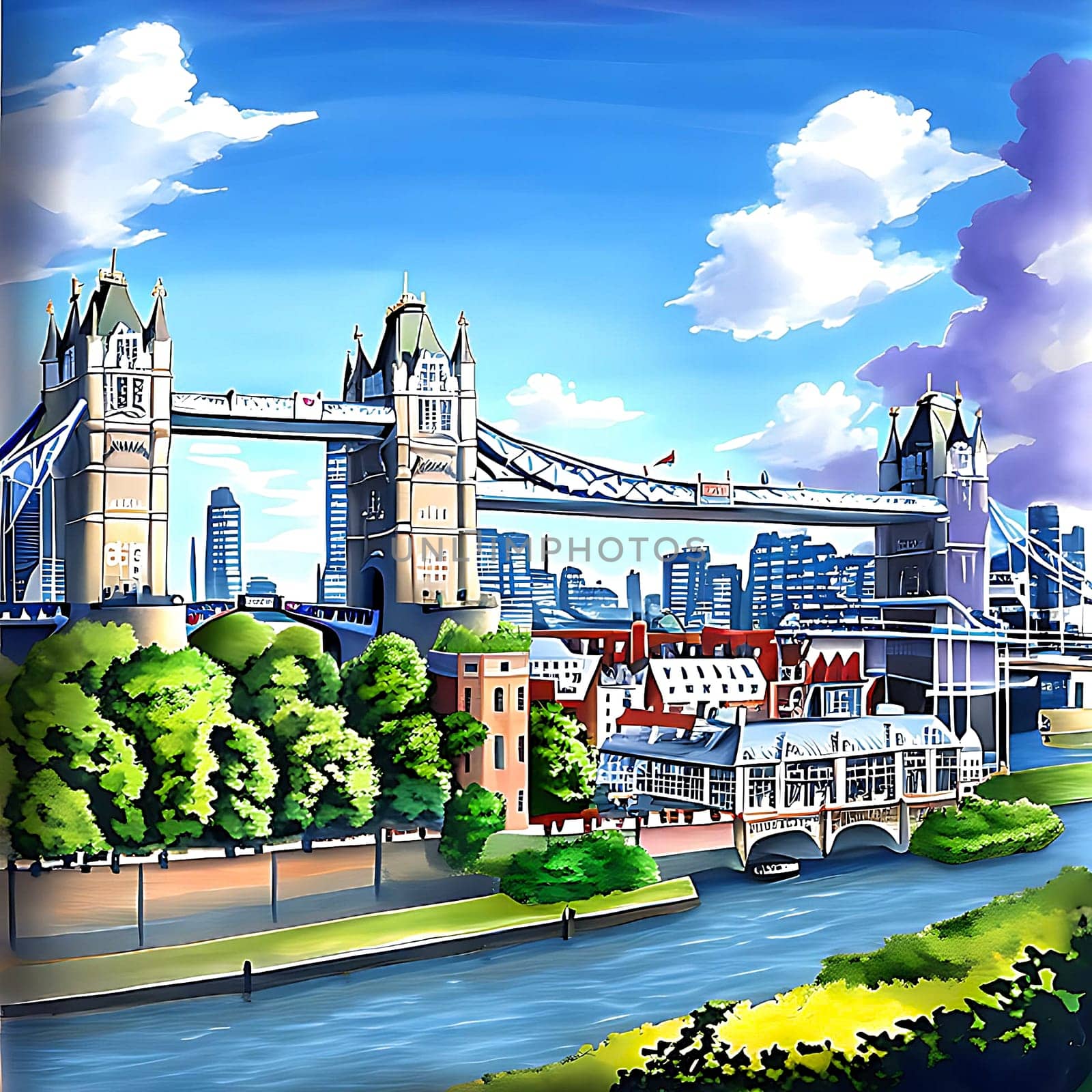 Immerse yourself in the ethereal beauty of London's cityscape panorama, adorned by the iconic Tower Bridge. Gazing upon this breathtaking scene, the River Thames gracefully weaves through the frame, reflecting the enchanting British architecture in its pristine waters. Each element of this AI-generated masterpiece captures the essence of London's rich history and cultural significance. Lose yourself in the old-world charm of this famous landmark, as the majestic drawbridge stands as a testament