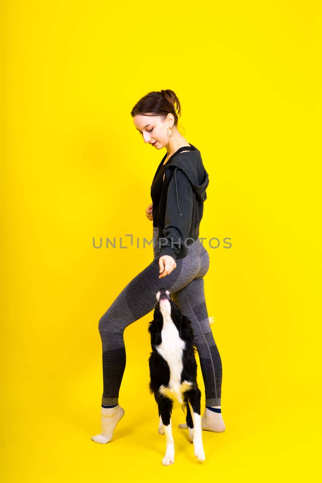 Excited girl dancing with border collie. Studio portrait lady looking at a dog with surprised smile.