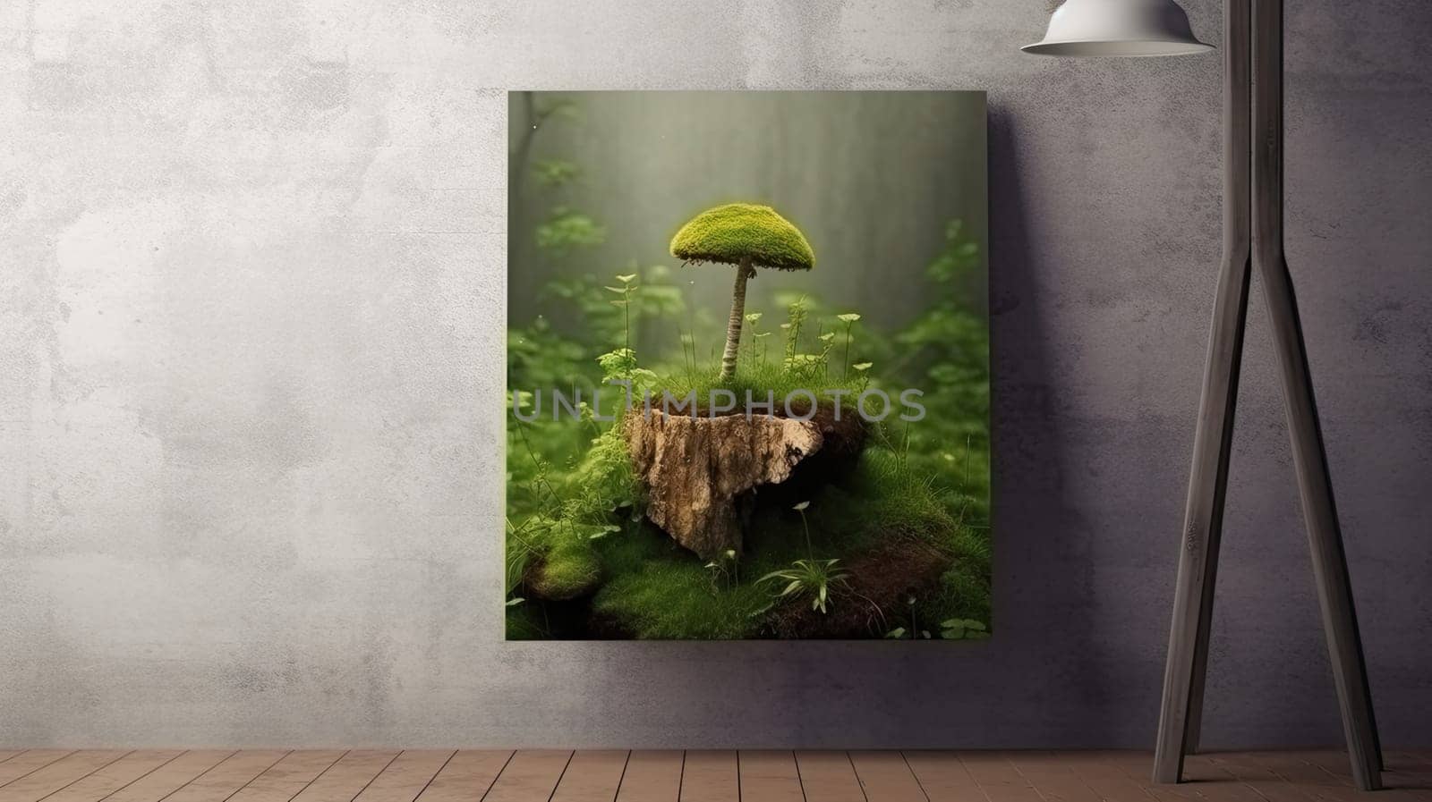 Harmonious blend of nature and beauty photo realistic illustration - Generative AI. Picture, wooden, stand, book, lamp.