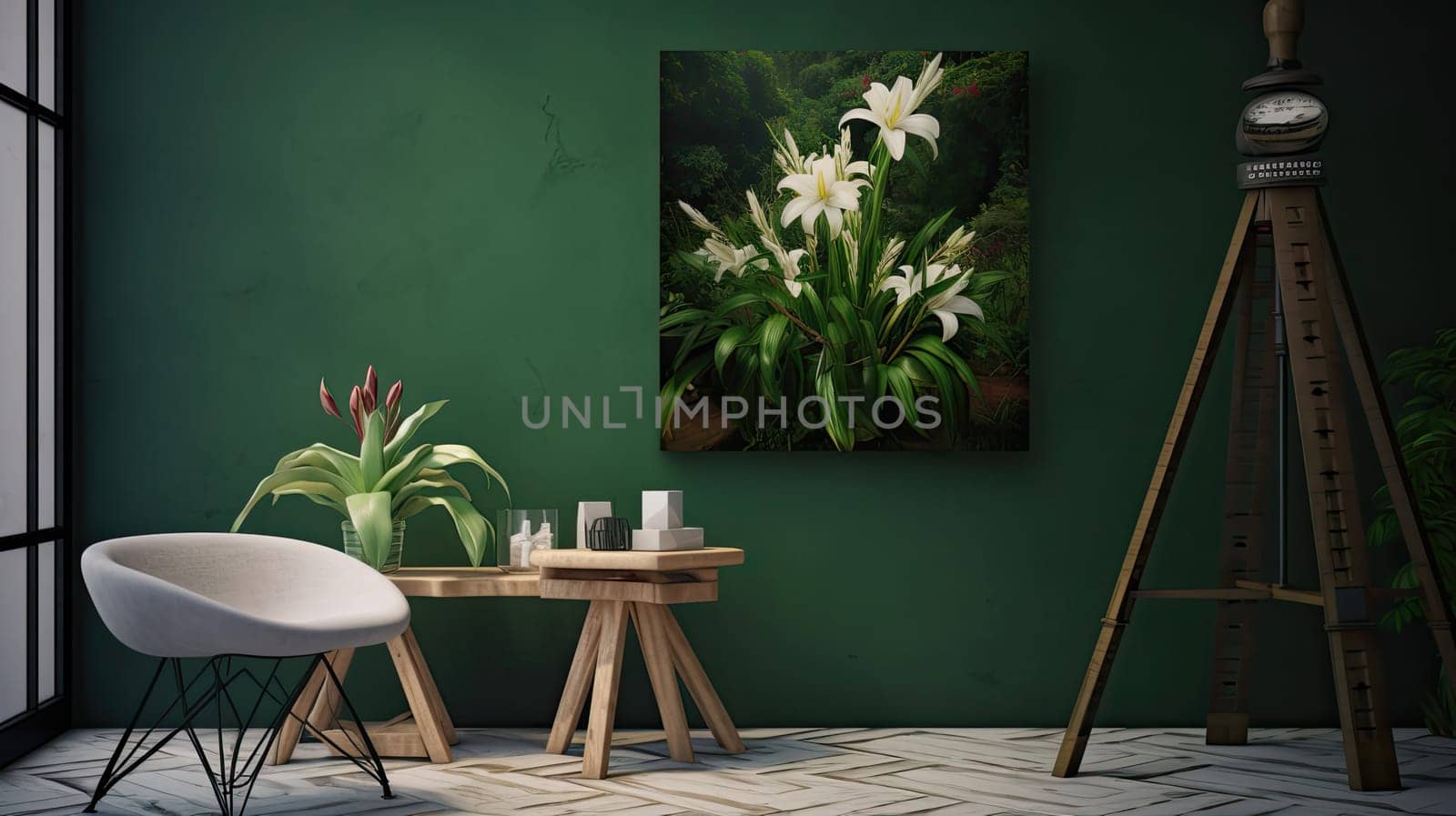 Harmonious blend of nature and beauty photo realistic illustration - Generative AI. Picture, wooden, stand, book, lamp.