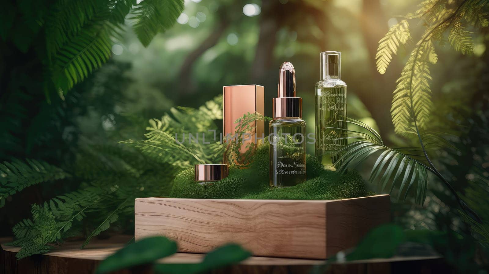 Cosmetics presentation on a wooden stand photo realistic illustration - Generative AI. Cosmetics, bottle, wooden, stand, foliage.