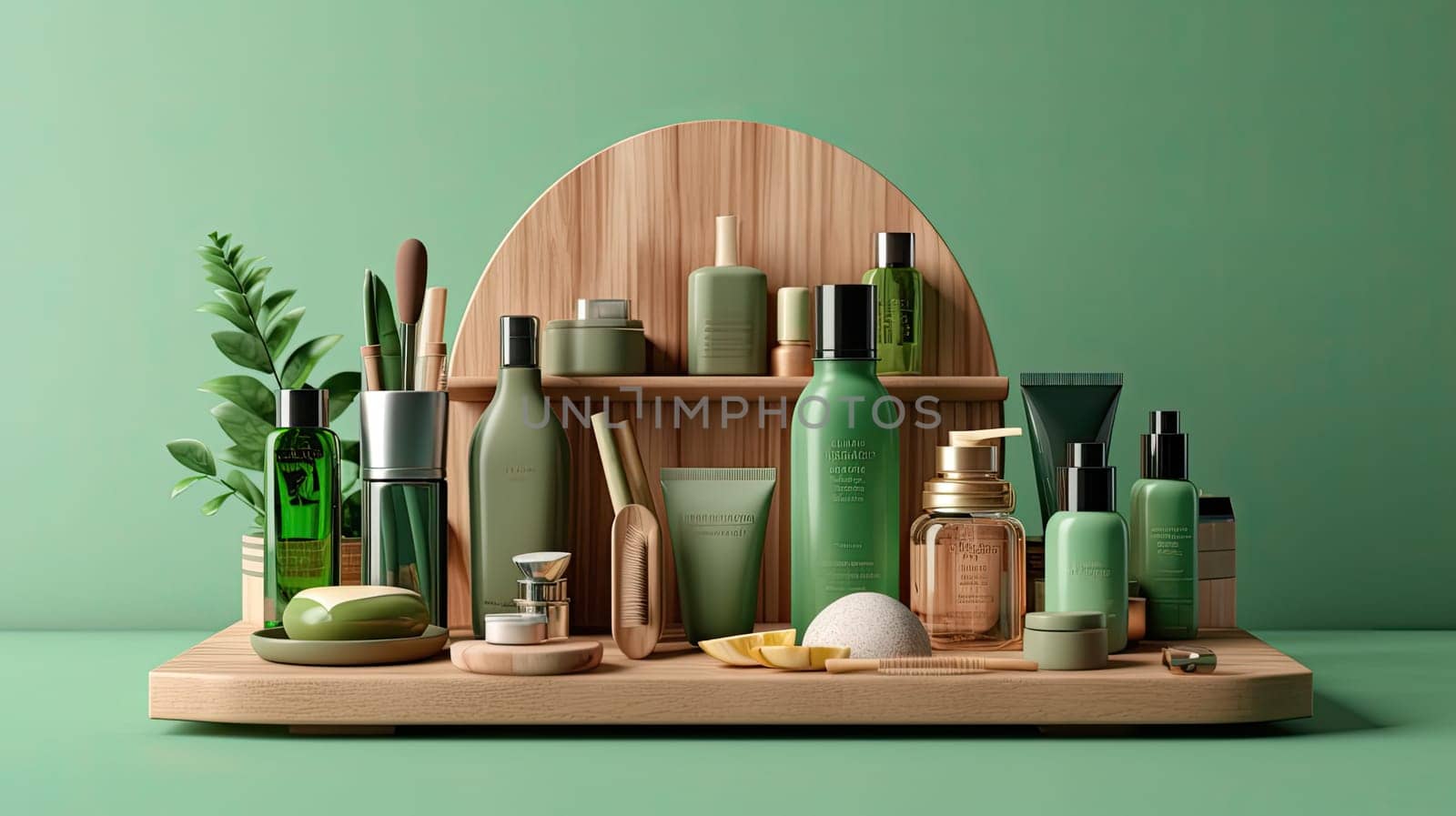 Wooden podium with cosmetix products photo realistic illustration - Generative AI. Bottle, jar, tube, wooden, podium, foliage.