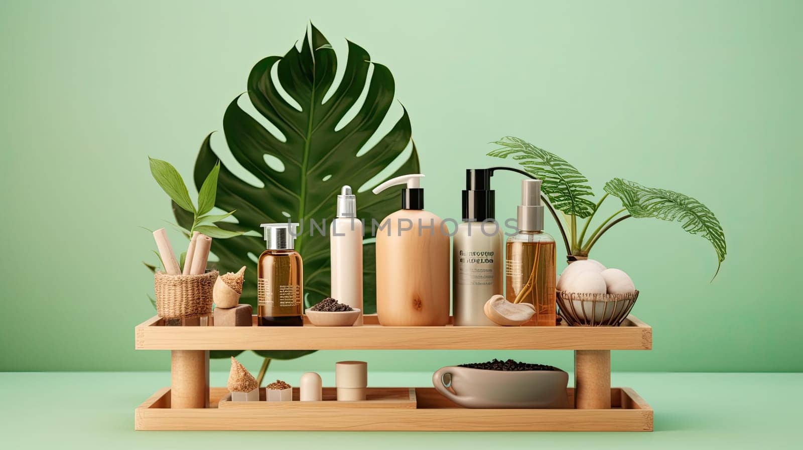 Wooden podium with cosmetix products photo realistic illustration - Generative AI. Bottle, jar, tube, wooden, podium, foliage.