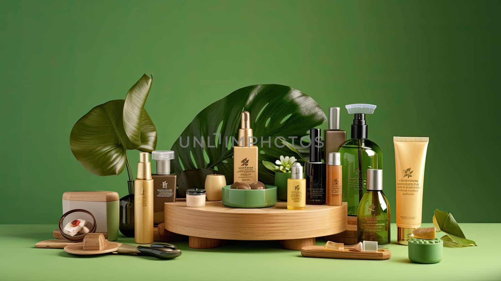 Wooden podium with cosmetix products photo realistic illustration - Generative AI. Bottle, jar, tube, wooden, podium, foliage.