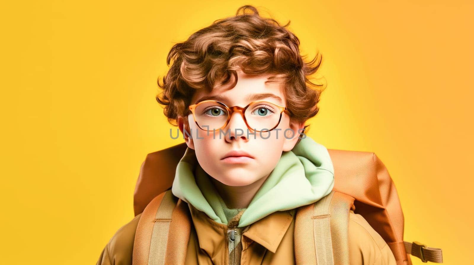 Stylish little boy in glasses with backpack looking at camera on yellow background. Back to school. Generative Ai