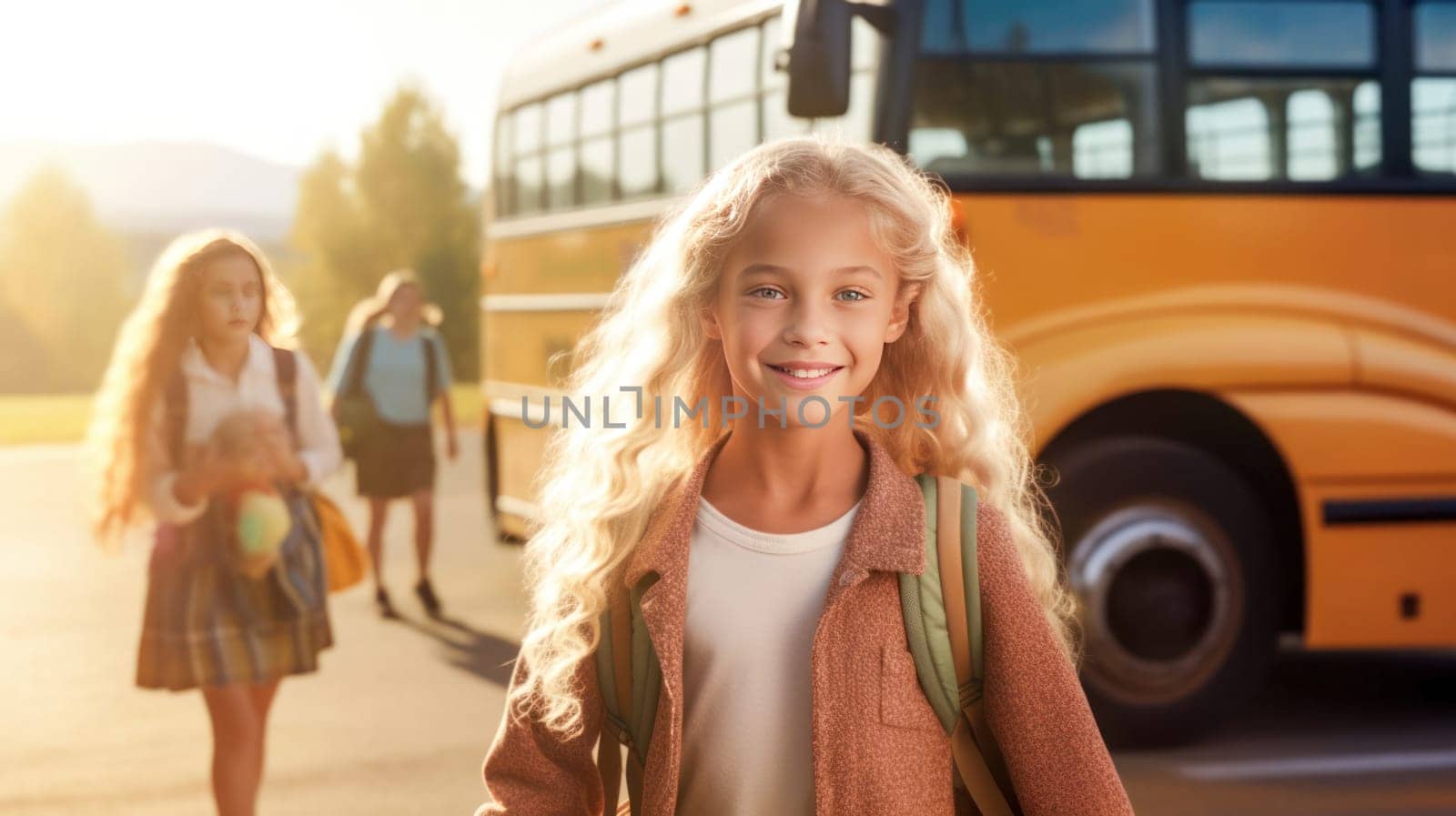 Little girl with backpack and books looking at camera yellow school bus on background. Back to school. Generative Ai