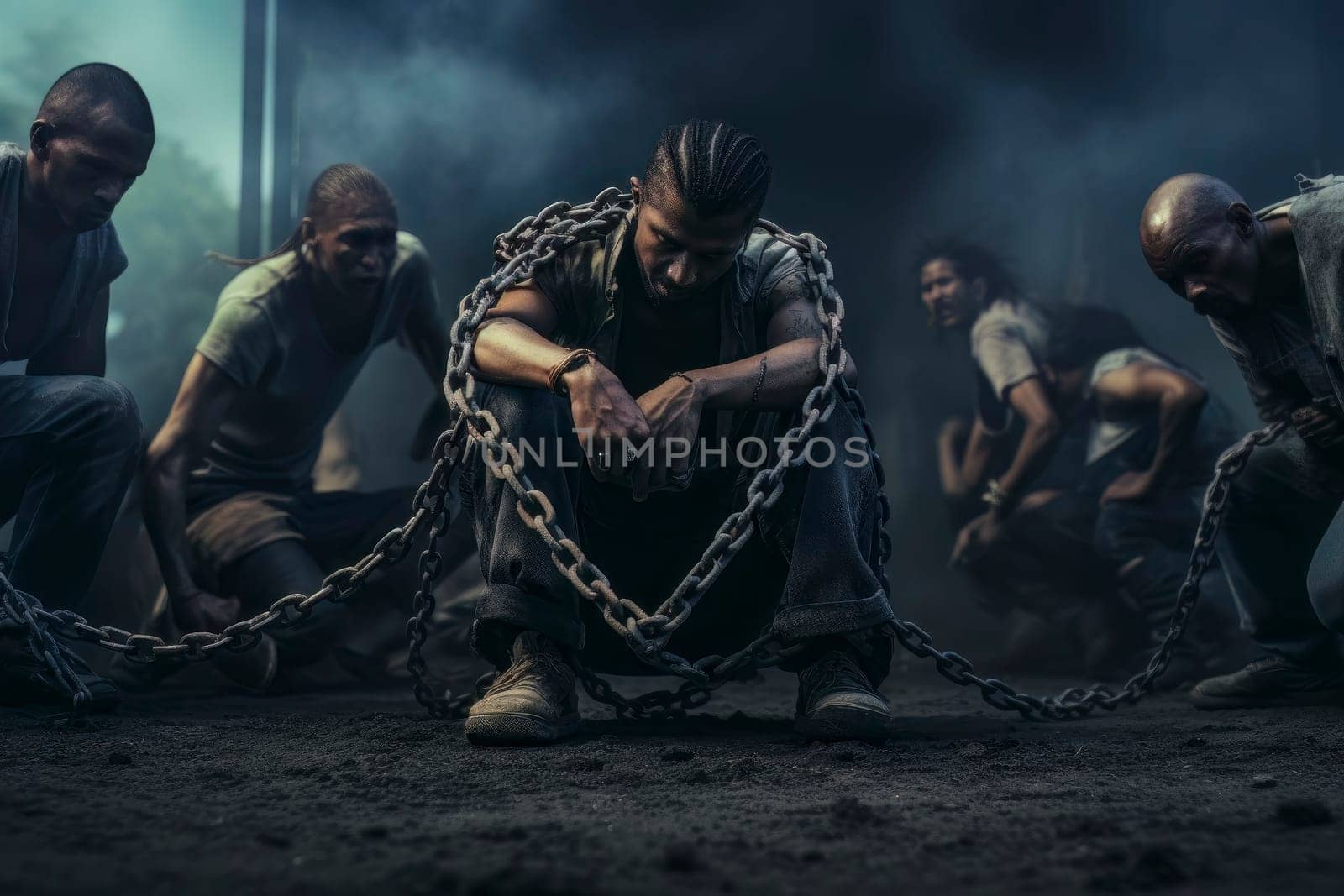 A thought-provoking image portraying the concept of men being enslaved by societal pressures and expectations.