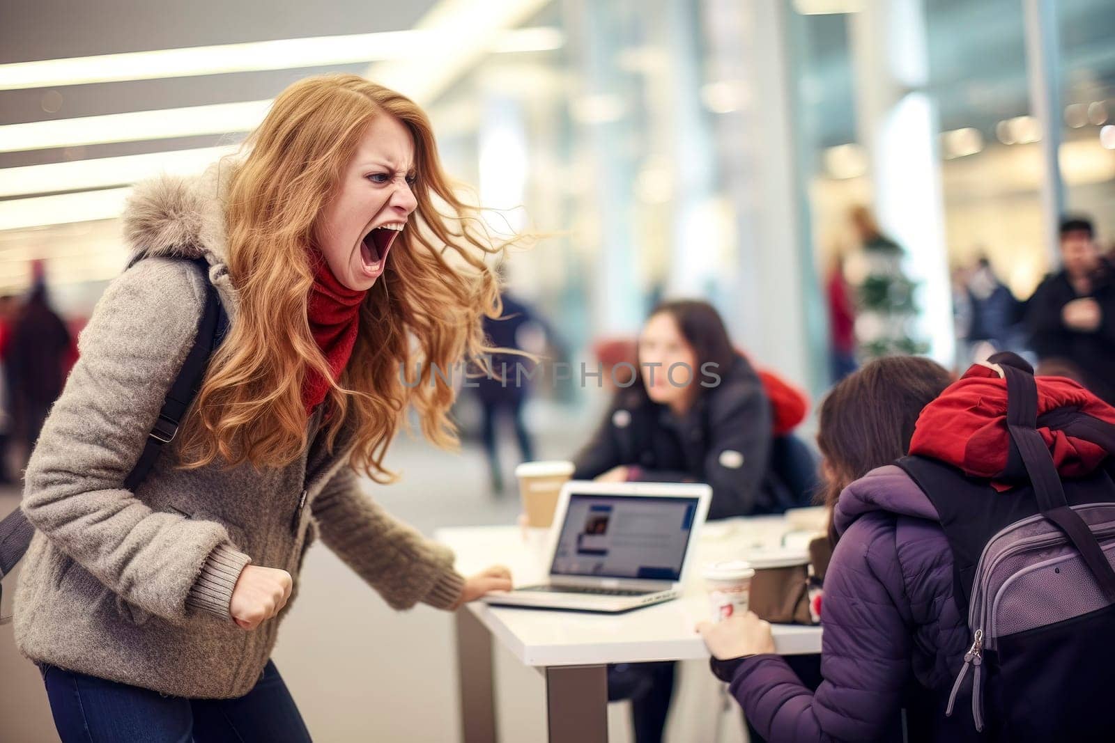 An impactful image capturing a woman's intense anger and frustration amidst a bustling crowd