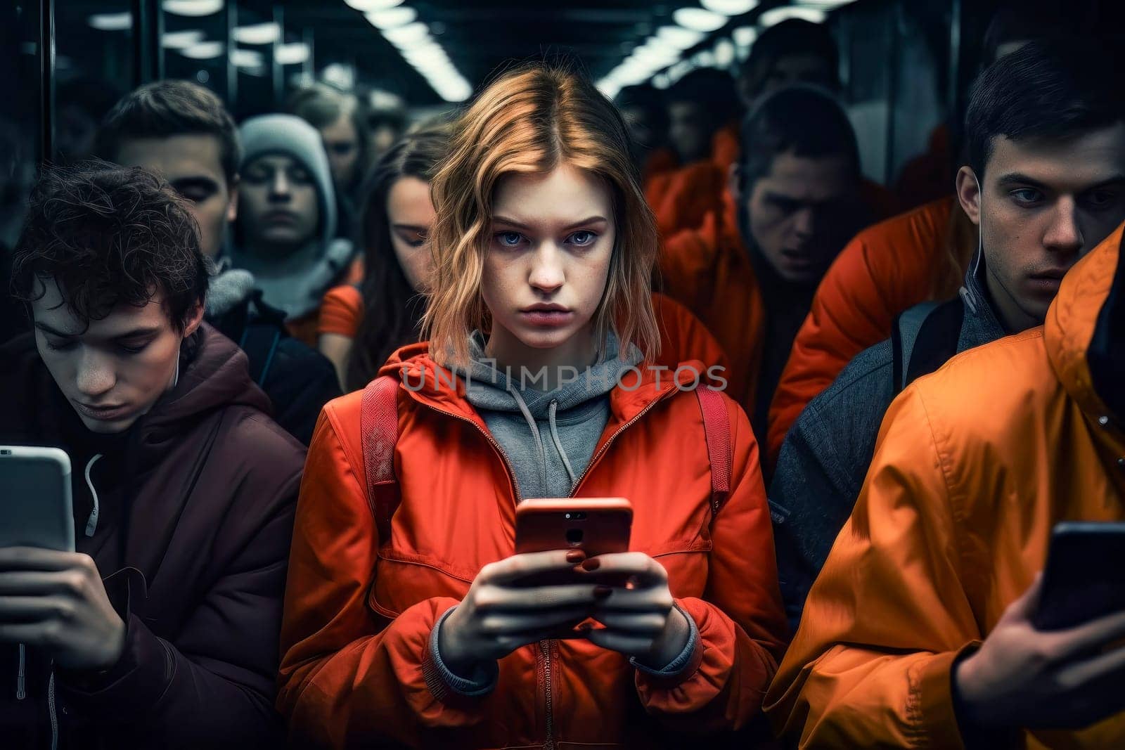 An illustrative image of a girl using a smartphone, isolating herself from society, representing the detrimental effects of social media on intellectual engagement.