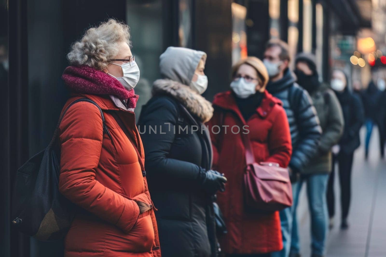 A compelling image capturing a crowd wearing medical masks as they walk through the city during the pandemic.