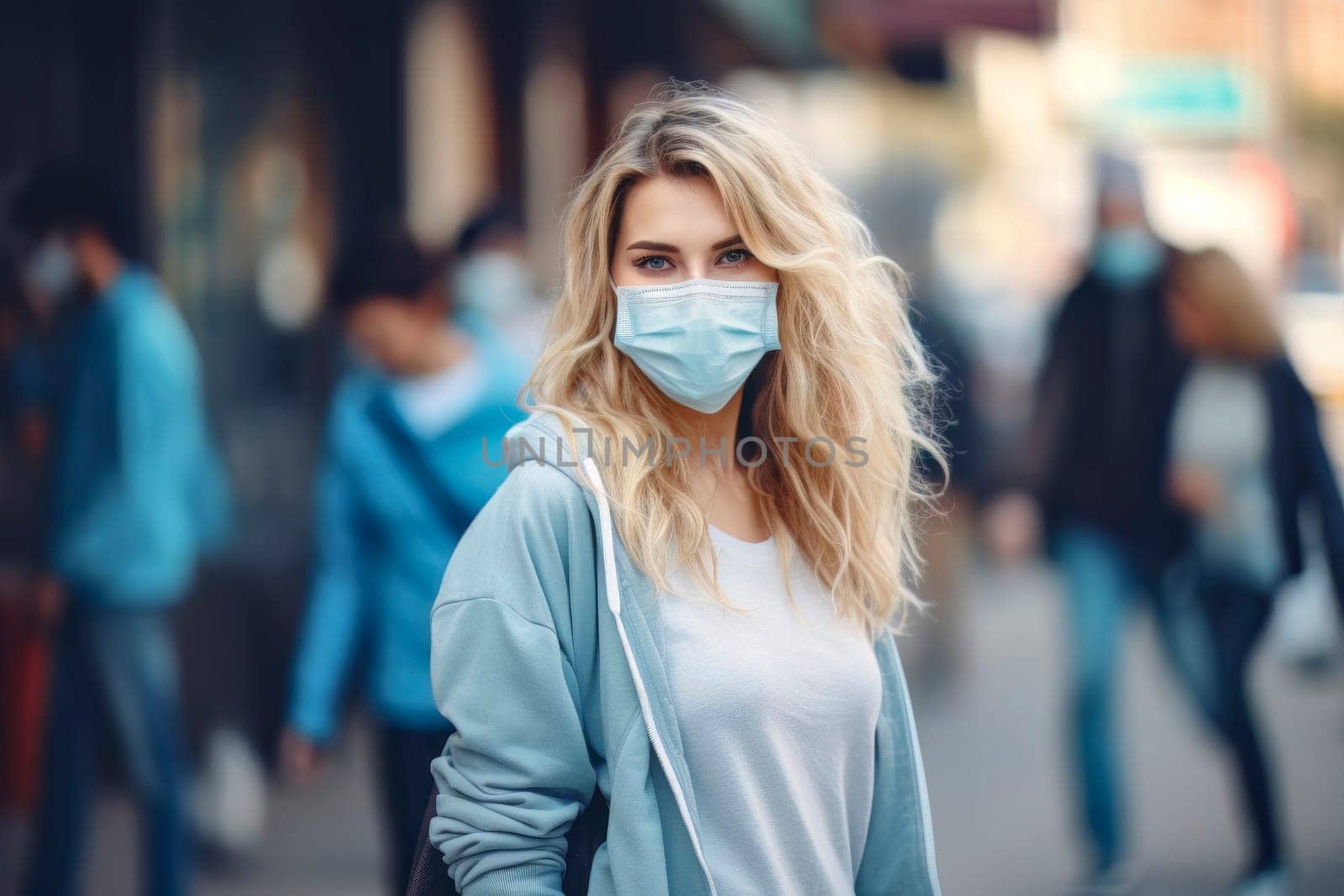 A powerful image capturing a girl wearing a medical mask as she walks through the city during the pandemic.