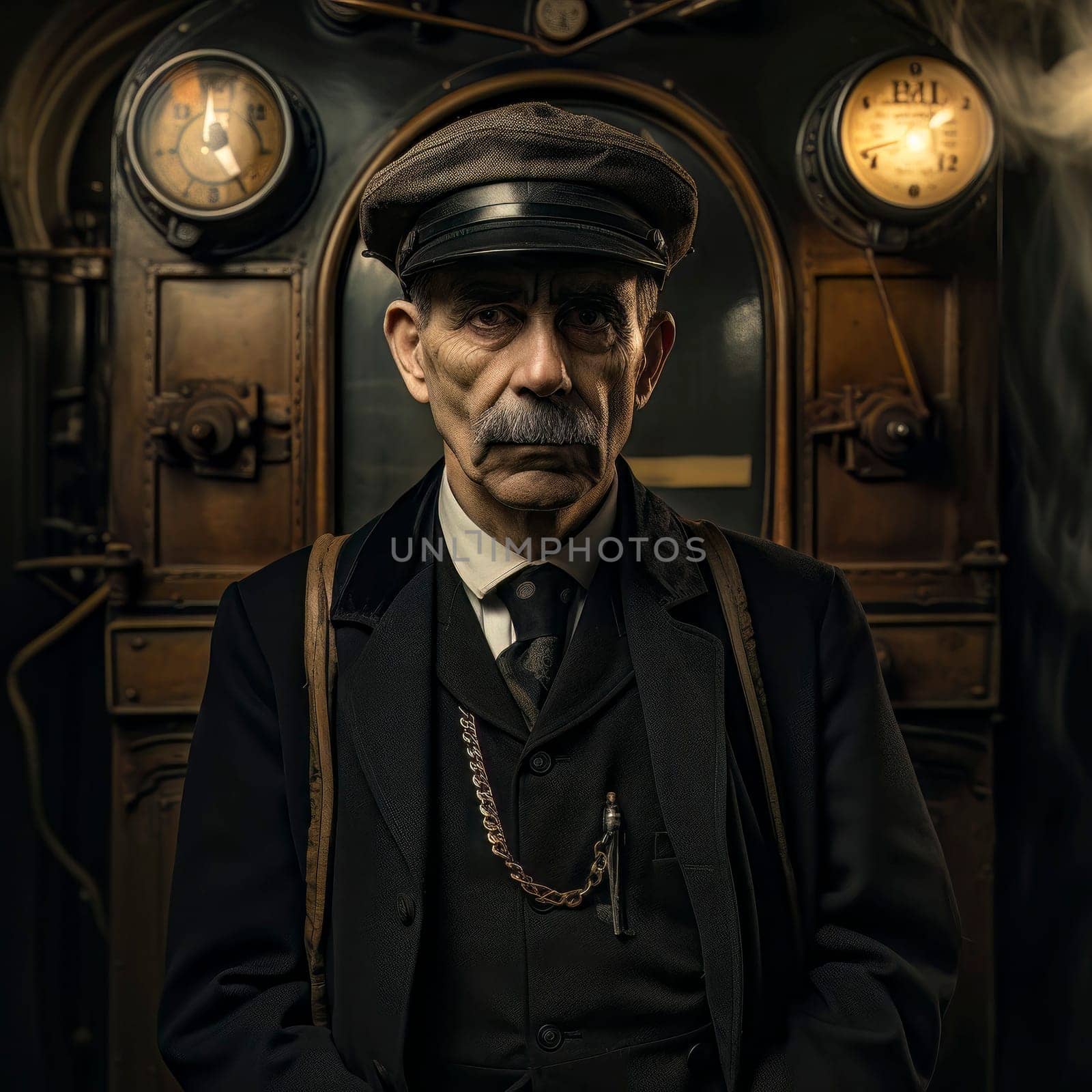 An evocative image capturing the presence of an aged train conductor, showcasing wisdom and experience.