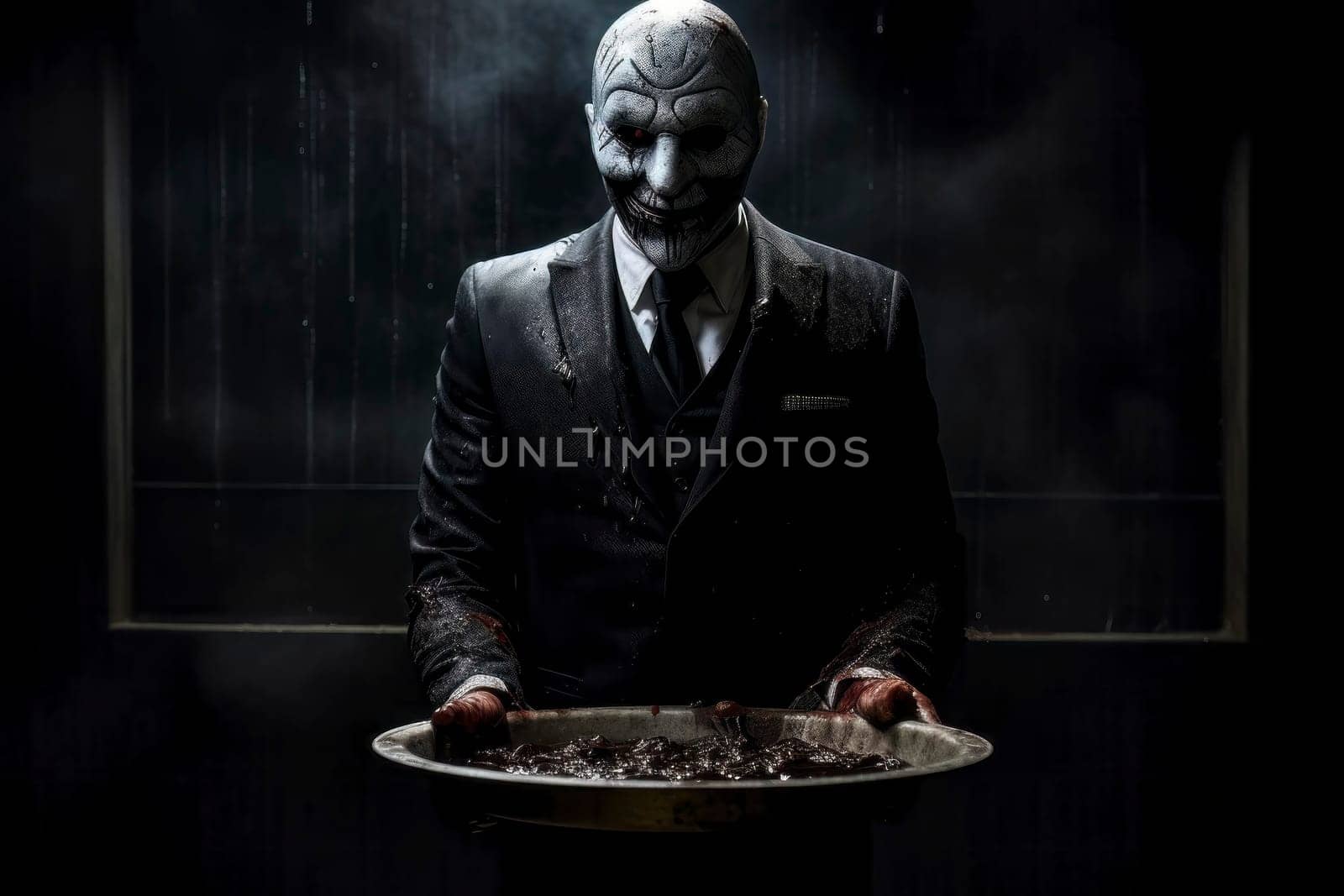 A chilling image portraying a demonic figure holding a platter brimming with blood, evoking a sense of horror and darkness.