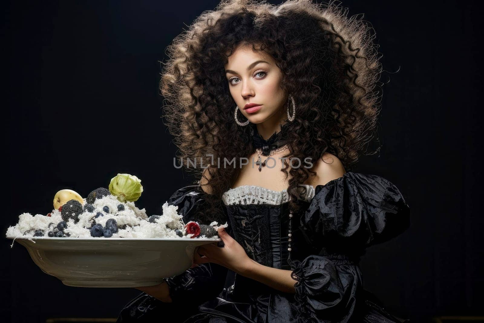 A charming image featuring a girl in 19th-century attire delicately holding a tureen of food.