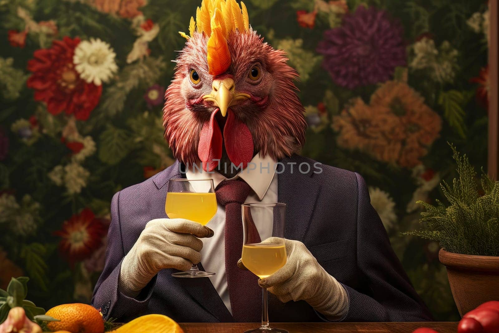 A whimsical image capturing a man with a chicken head delightfully sipping a refreshing beverage.