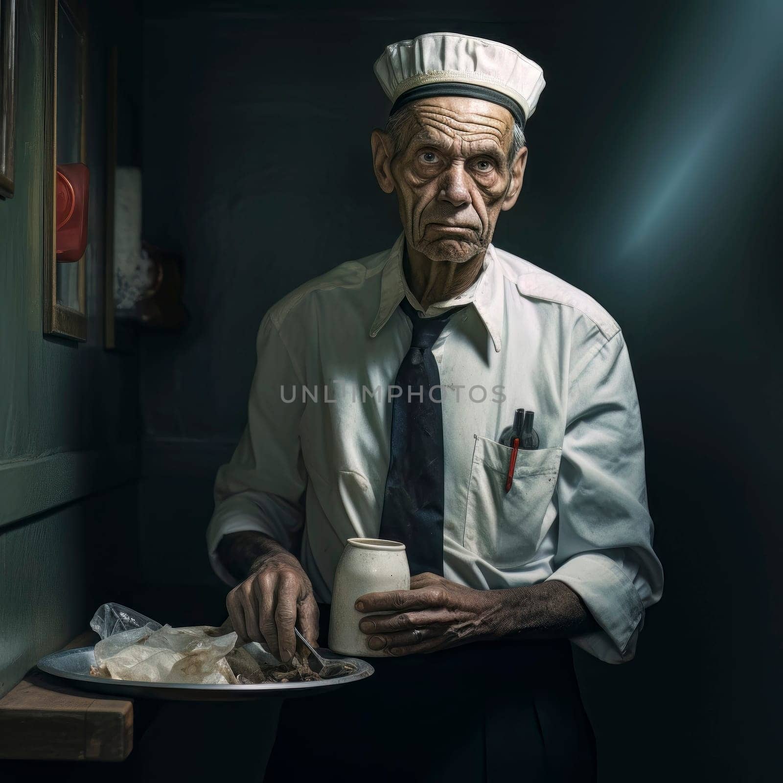 A poignant image of an elderly chef, exhausted and disillusioned with his profession.